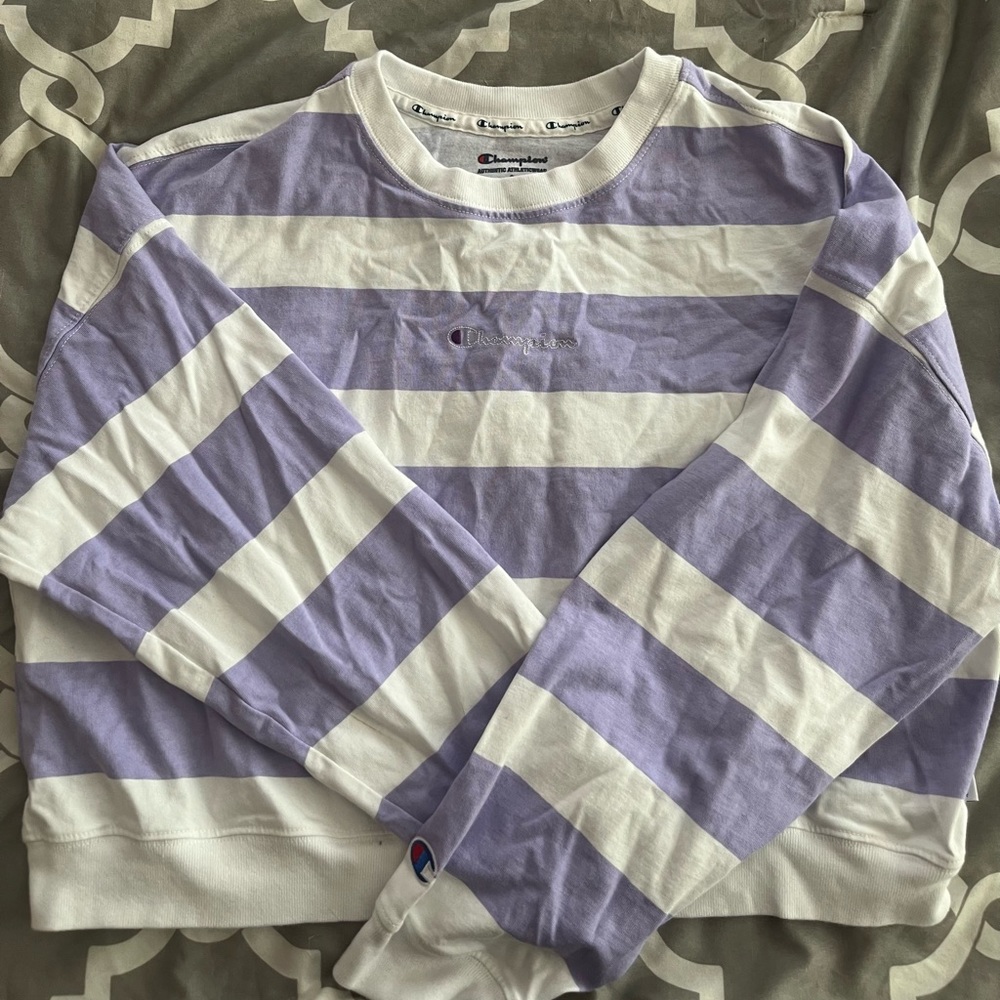 Champion Womens White Purple Striped Cropped Cotton Sweatshirt